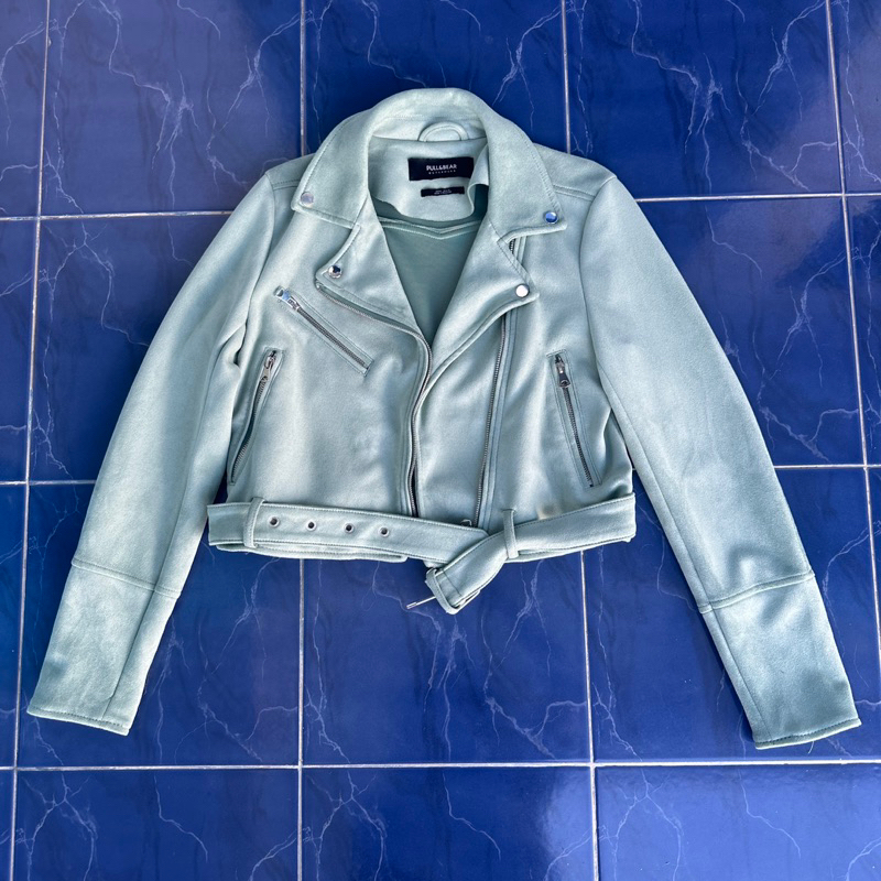 pull&bear suede moto biker jacket mint green preloved