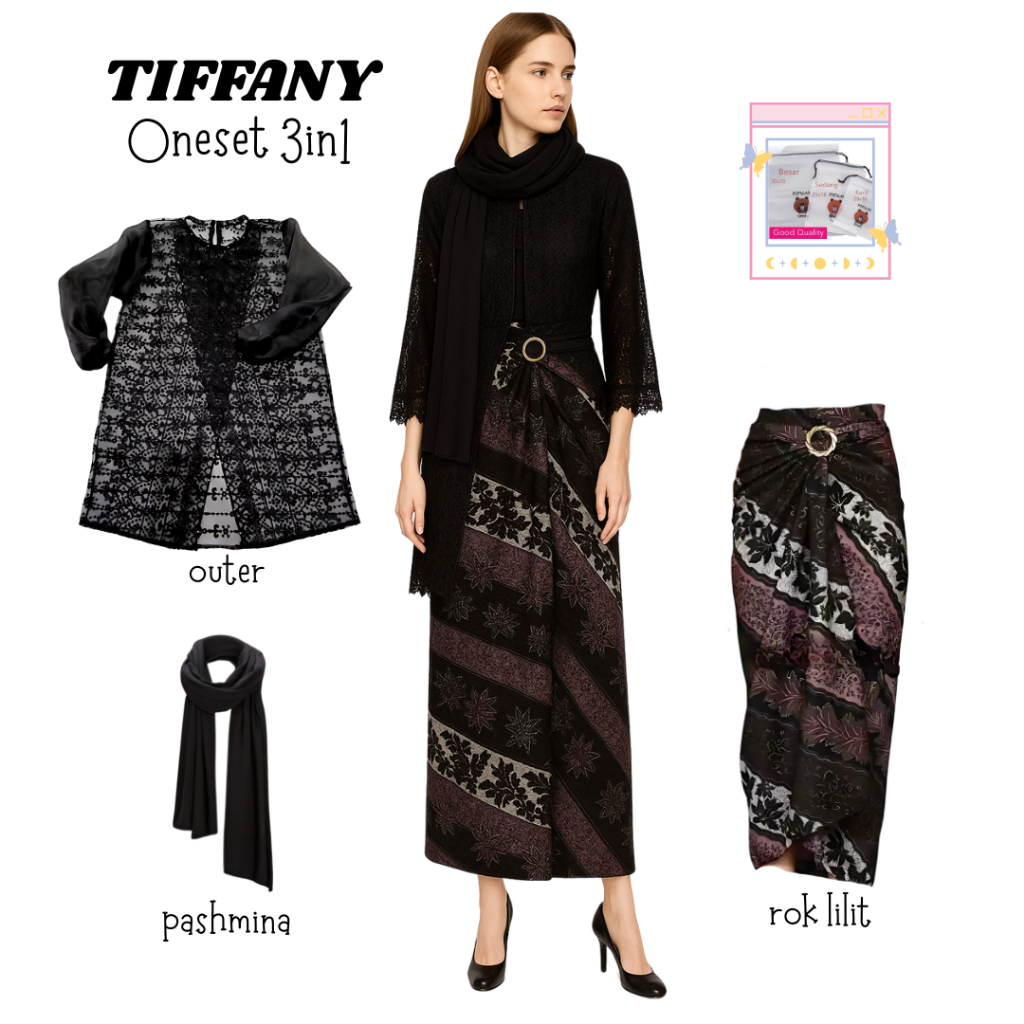 oneset 3in1 atasan outer tunik brokat hitam rok lilit batik pashmina jersey hitam | perempuan wanita