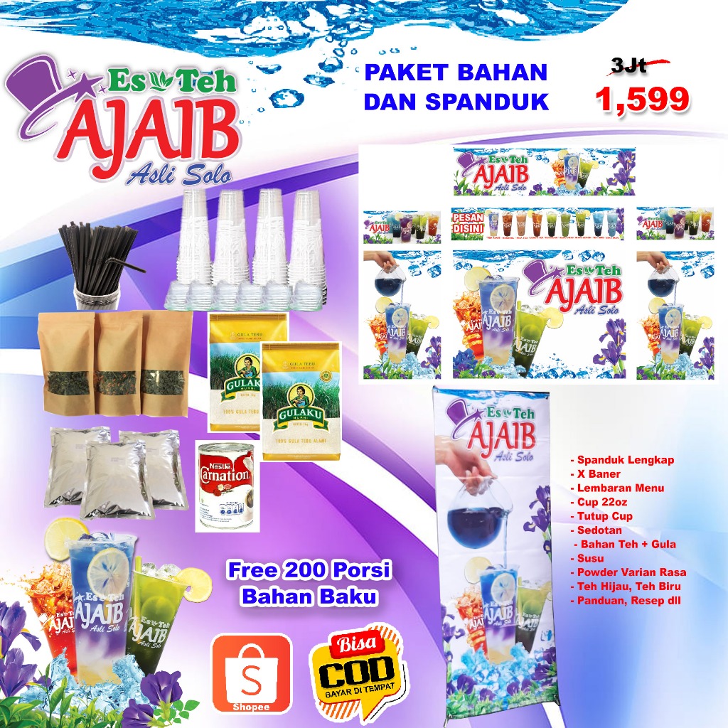 

TEH AJAIB PAKET 1 BAHAN 600 PORSI DAN SPANDUK, TANPA PERALATAN DAN TANPA GEROBAK
