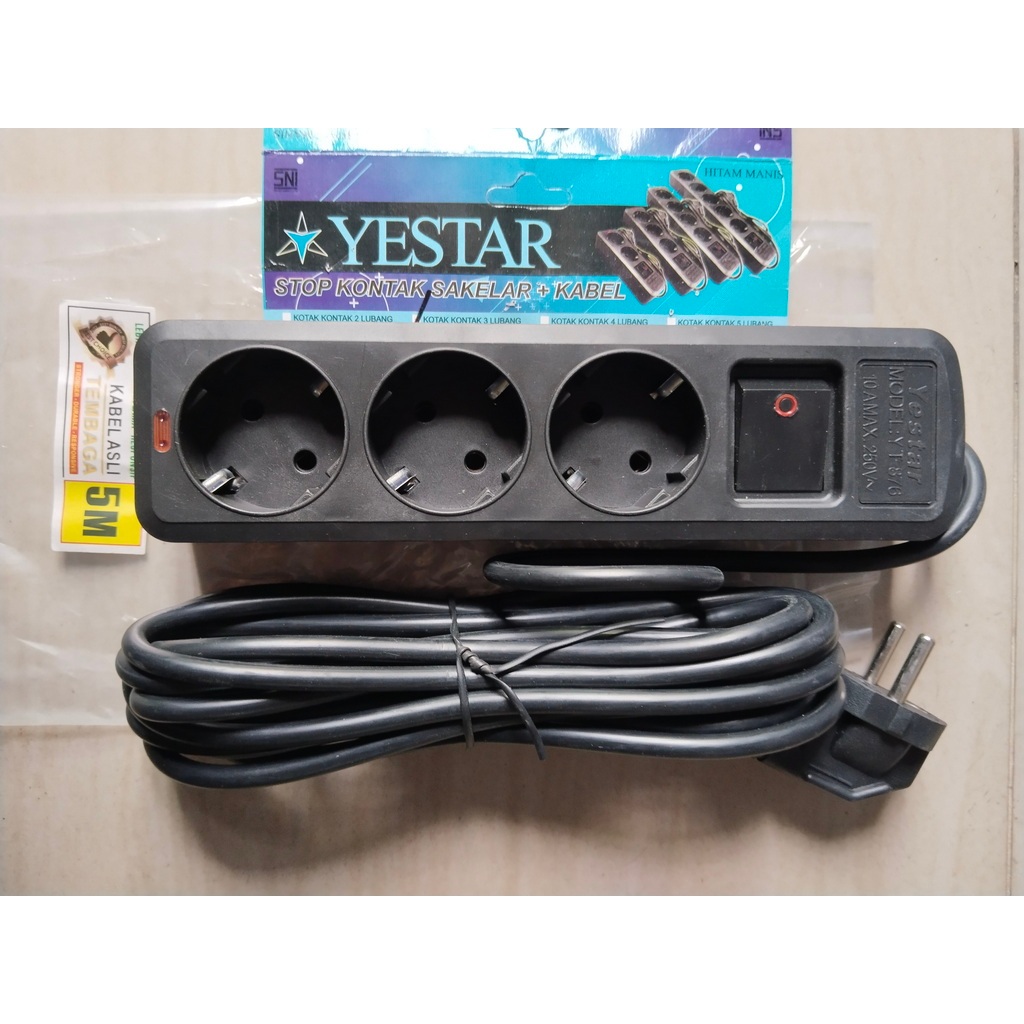 Stop Kontak Listrik 3 Lobang + 1 Switch YESTAR & Kabel 3 / 5 Meters