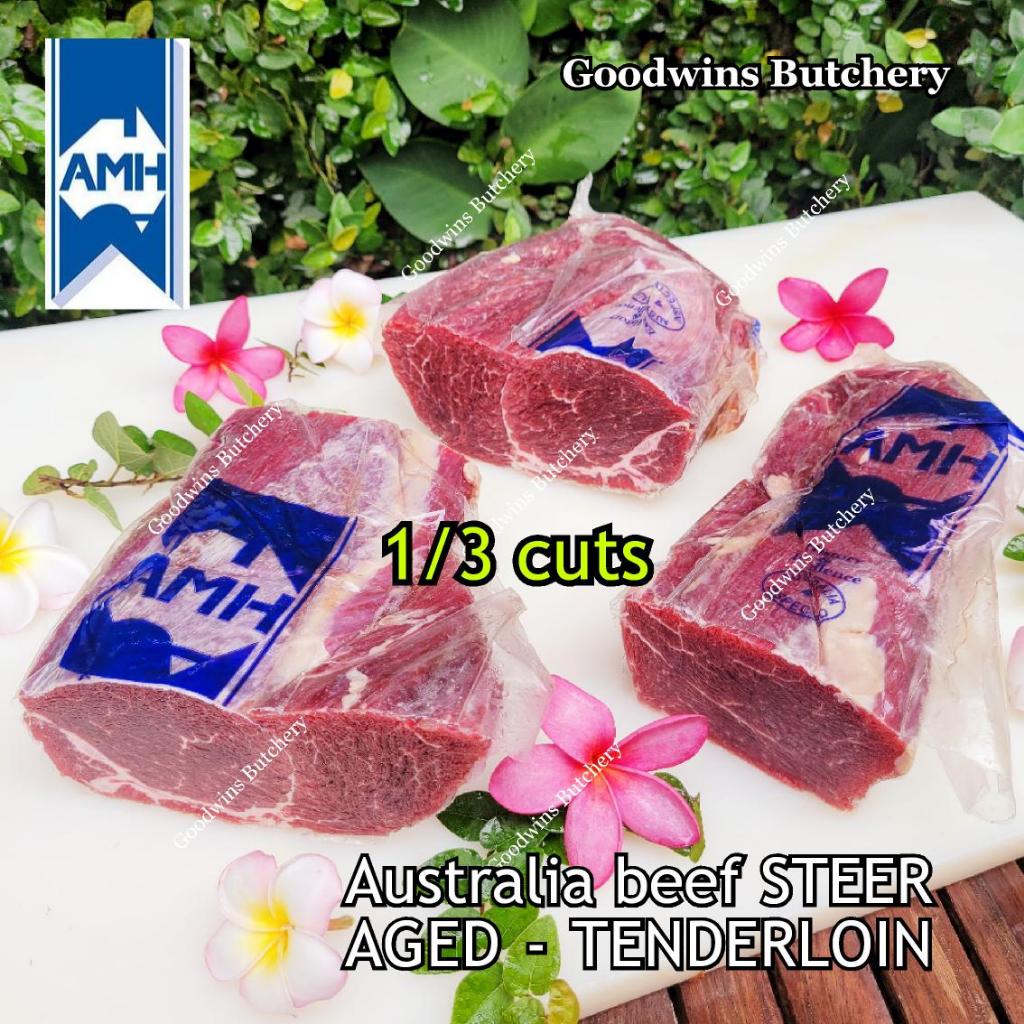 

1kg beef Tenderloin Australia STEER (young cattle) AGED-FROZEN small roast wellington cuts eye fillet mignon Kilcoy AMH John-Dee daging sapi import has dalam