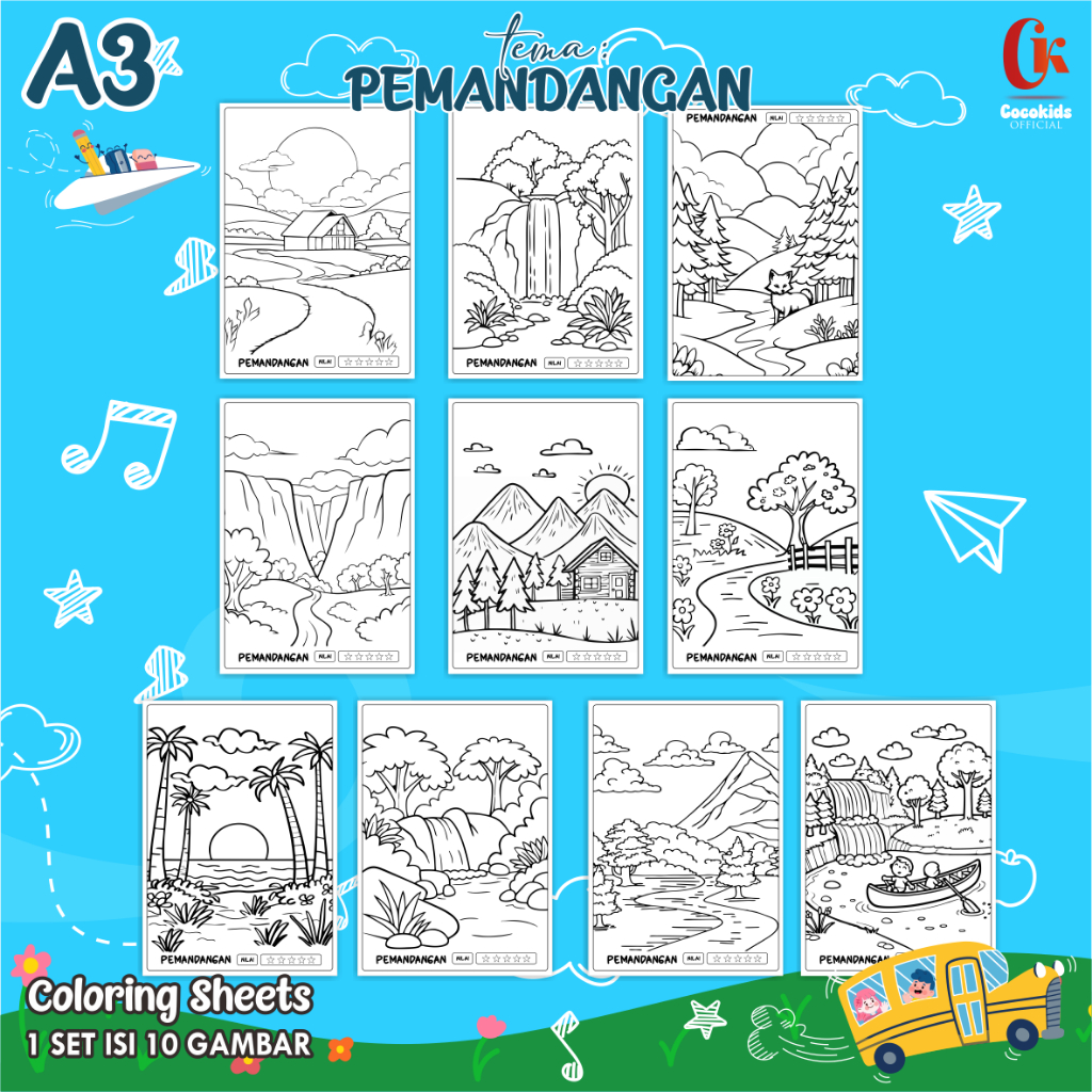 

(PEMANDANGAN 01) KERTAS MEWARNAI ANAK A3 - COLORING SHEETS SERIES 1 - LEMBAR MEWARNAI ANAK PAUD/TK/SD