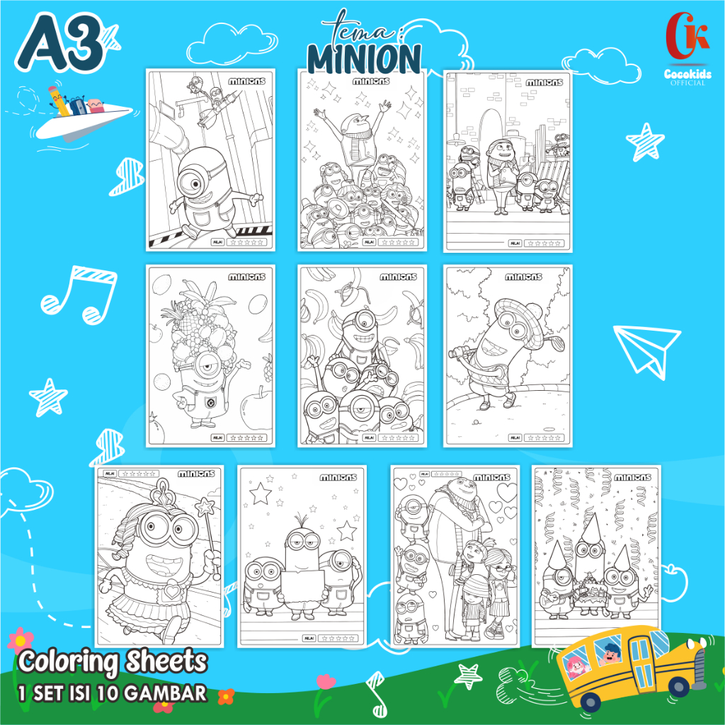 

(MINION 01) KERTAS MEWARNAI ANAK A3 - COLORING SHEETS SERIES 1 - LEMBAR MEWARNAI ANAK PAUD/TK/SD