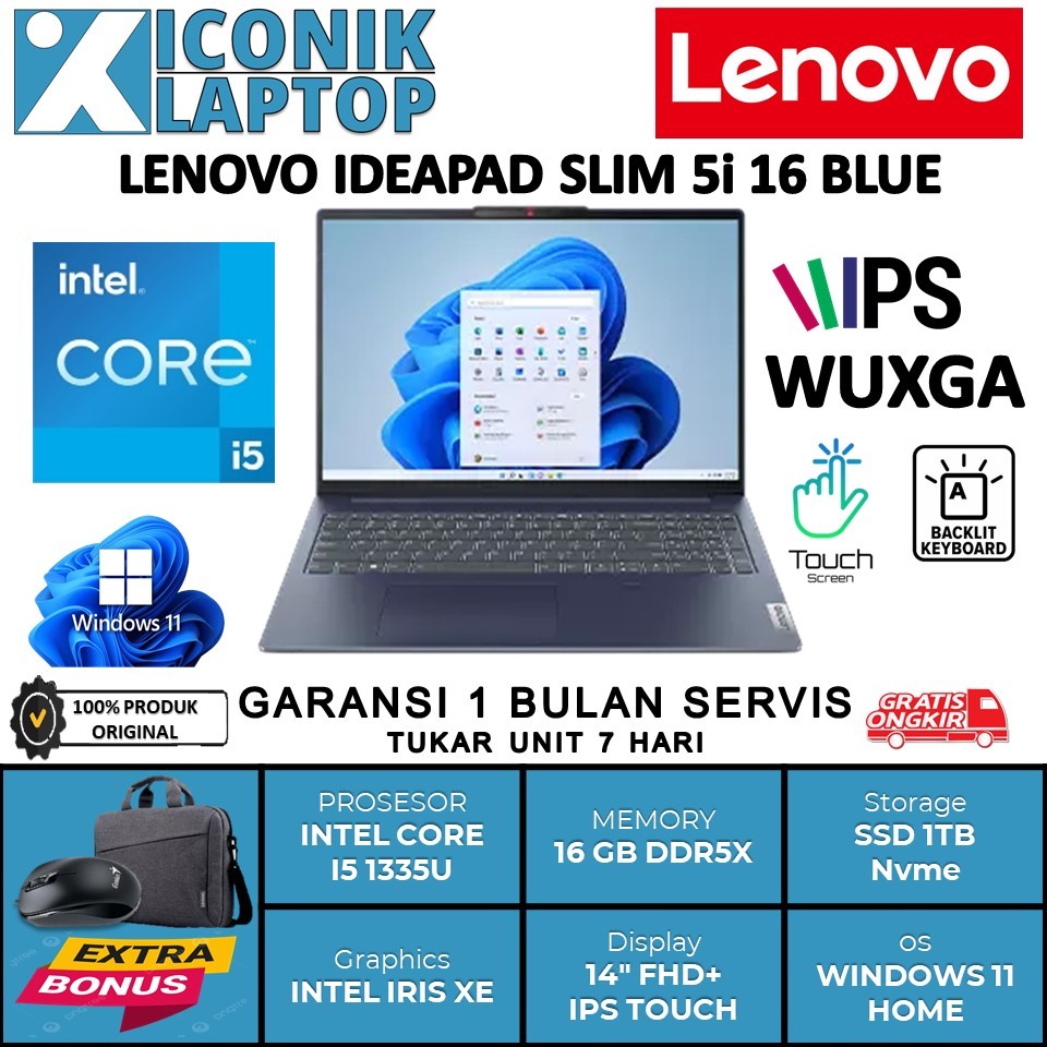 Laptop kerja lenovo ideapad slim 5i intel core i5 1335U Gen 13 16GB DDR5 1TB 16.0 FHD+ TOUCH IPS