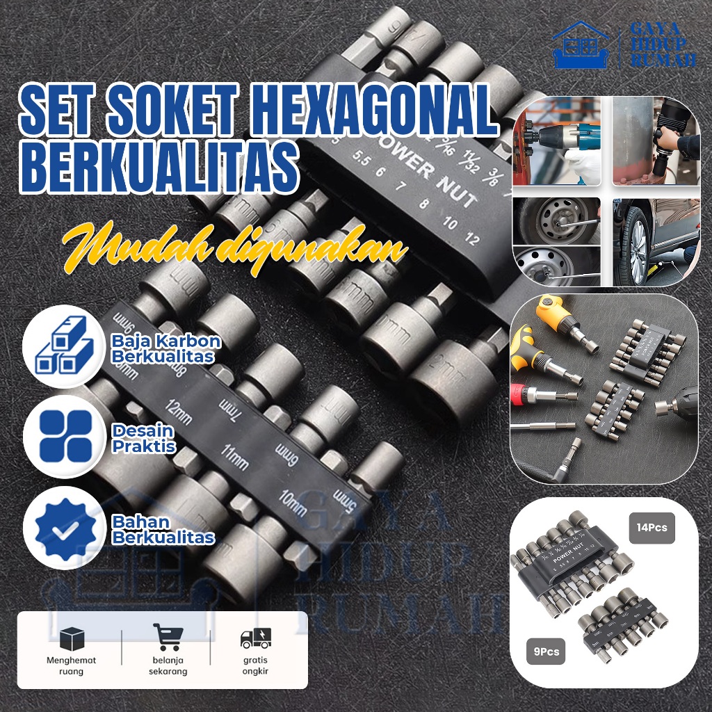Set soket hexagon 9pcs/14pcs Chrome Drills, Screwdrivers Vanadium Lengkap Untuk Baut Mobil/Motor/Mes