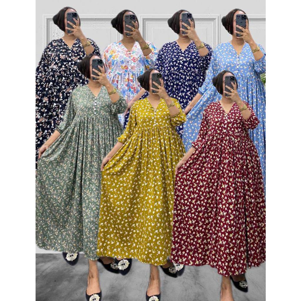 Tiara Midi Dress Yulia Rayon Premium Jumbo Lengan Karet Busui Kancing Wanita Muslim Kekinian