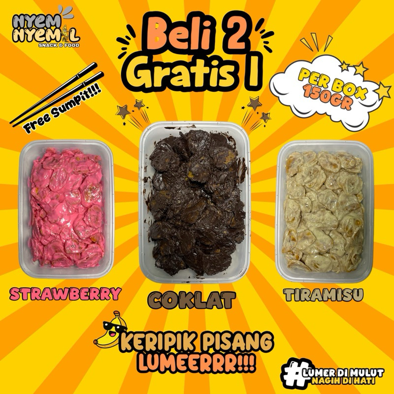 

PROMOO (BELI 2 GRATIS 1) KERIPIK PISANG COKLAT LUMER PREMIUM BY NYEMNYEMIL | KERIPIK PISANG LUMER 450GR/1500ML