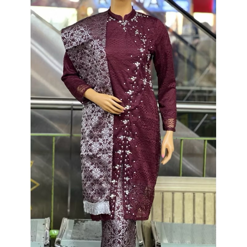 Setelan Kebaya Janggan Tunik Brukat Modern Bawah Rok Songket Dan Selendang Seragaman Keluarga Kondan