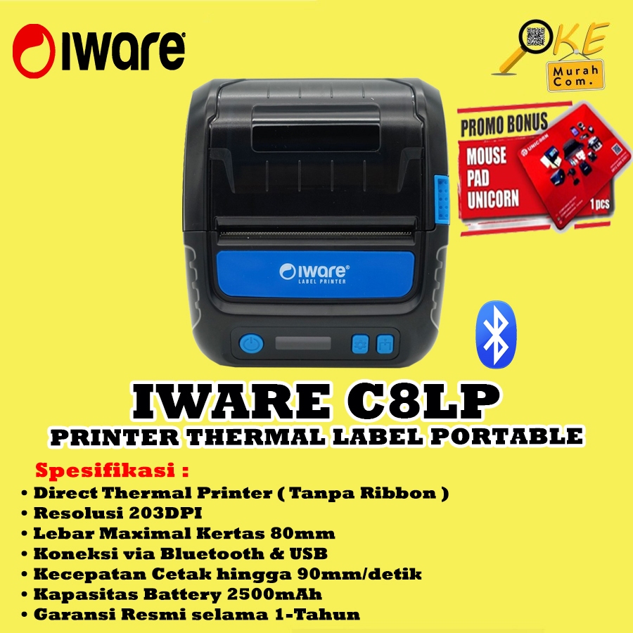 Printer Thermal Label & Kasir Portable Iware C8LP / C-8LP / C 8LP Bluetooth 80mm