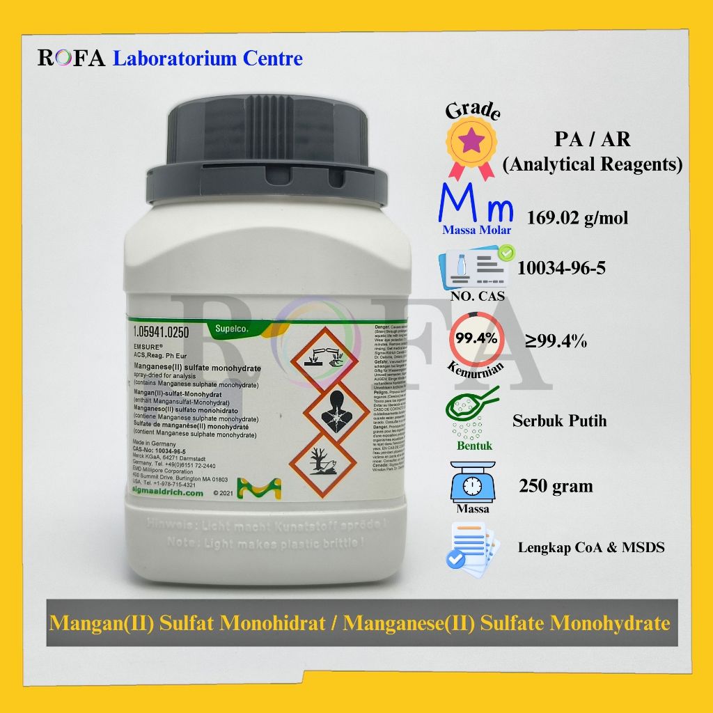 Mangan(II) Sulfat Monohidrat / Manganese(II) Sulfate Monohydrate / MnSO4.H2O Pro Analisis 250 Gram