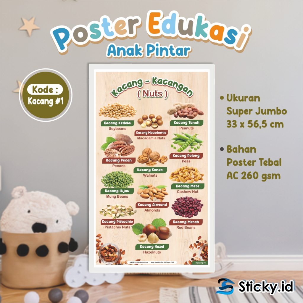

POSTER BELAJAR EDUKASI ANAK BERAGAM VARIASI - POSTER GAMBAR BERWARNA TEMA KACANG 01 READY STOCK
