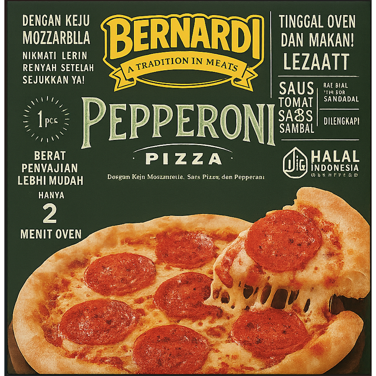 

Bernardi Pepperoni Pizza 260 gr dengan keju mozarella, daging sapi asap dan saos