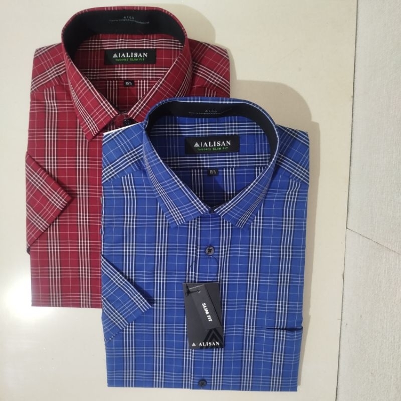 Alisan Kemeja Pria Motif Kotak Garis Putih Lengan Pendek Slimfit