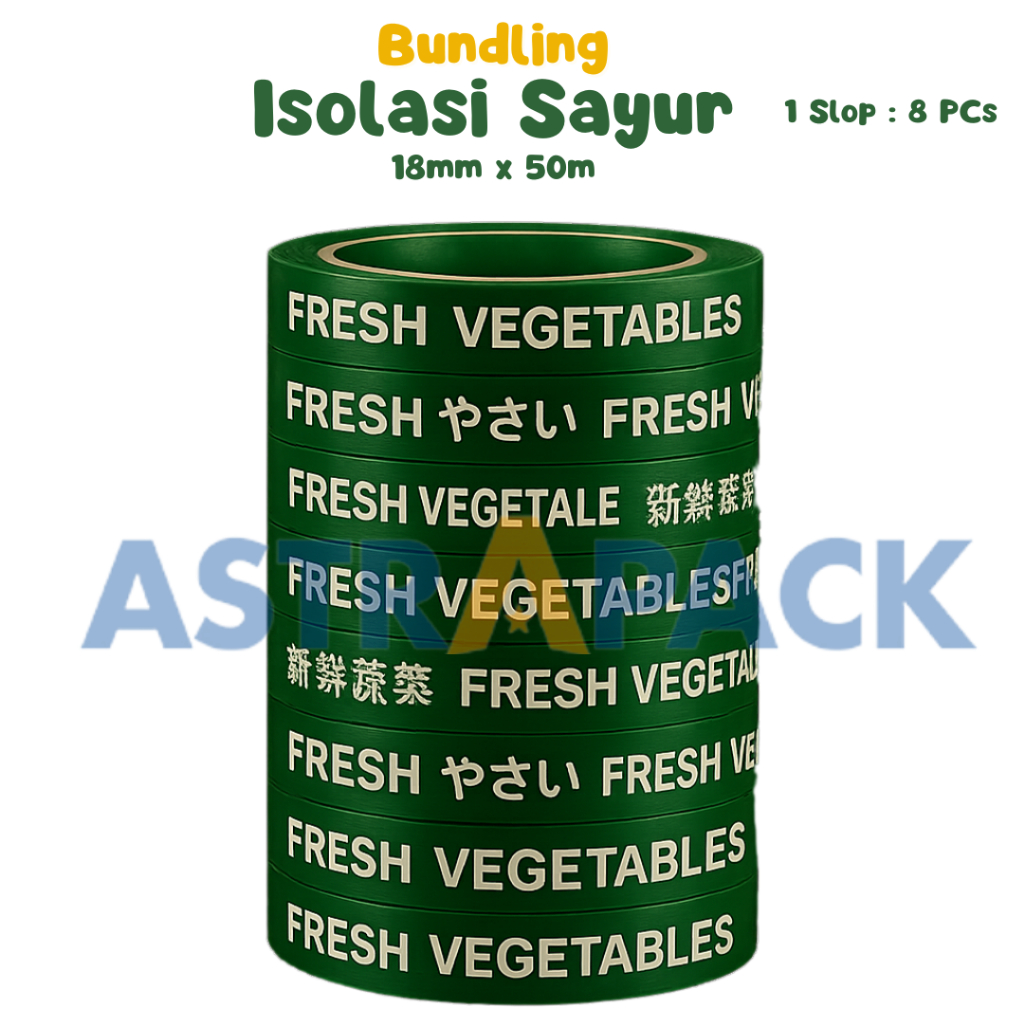 

Bundling Astrapack Lakban Sayur Fresh Vegetables 18 mm x 50 Meter | Isolasi OPP 1 Slop isi 8 Pcs