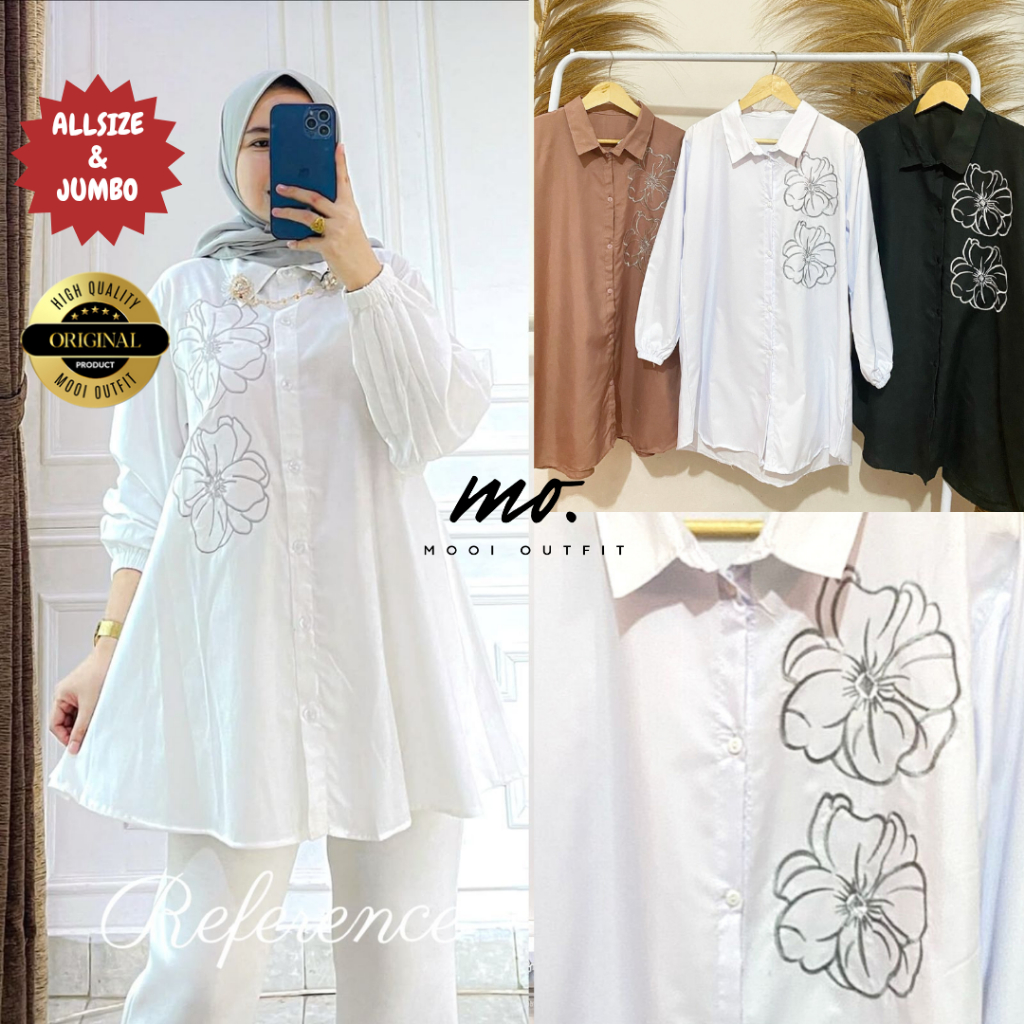 Tunik Bordir Jumbo LD 110-140 Katun Premium Kemeja Lengan Panjang Wanita Polos