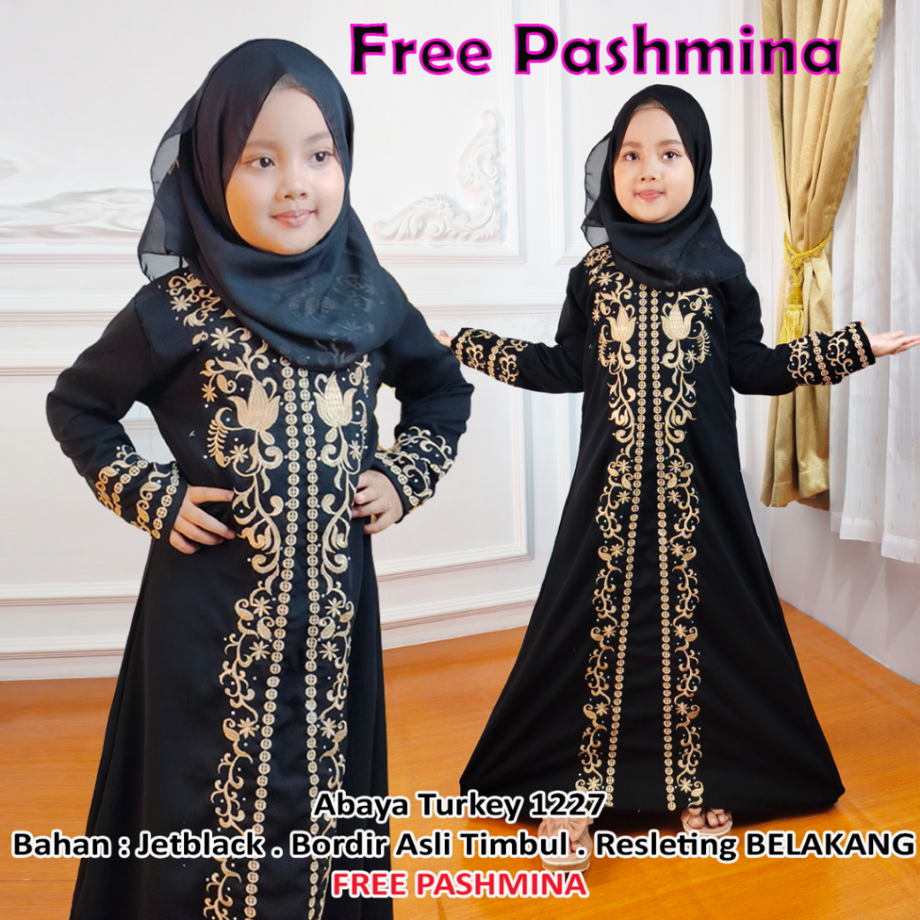 Galeri Abaya Gamis Turkey 1227 Anak Perempuan Set Pashmina Bahan Jetblack Dress Kids Usia 4-12 tahun