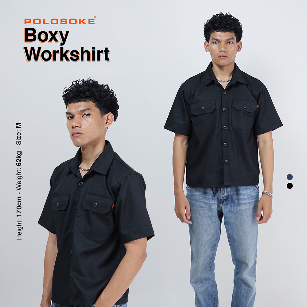 Polosoke Kemeja Pendek Pria Hitam Boxy Workshirt