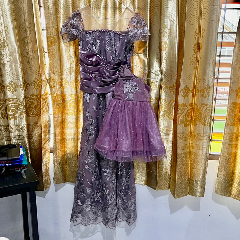 Dress | Gaun | Baju Kondangan Couple Ibu & Anak Warna Mauve / Ungu - PRELOVED
