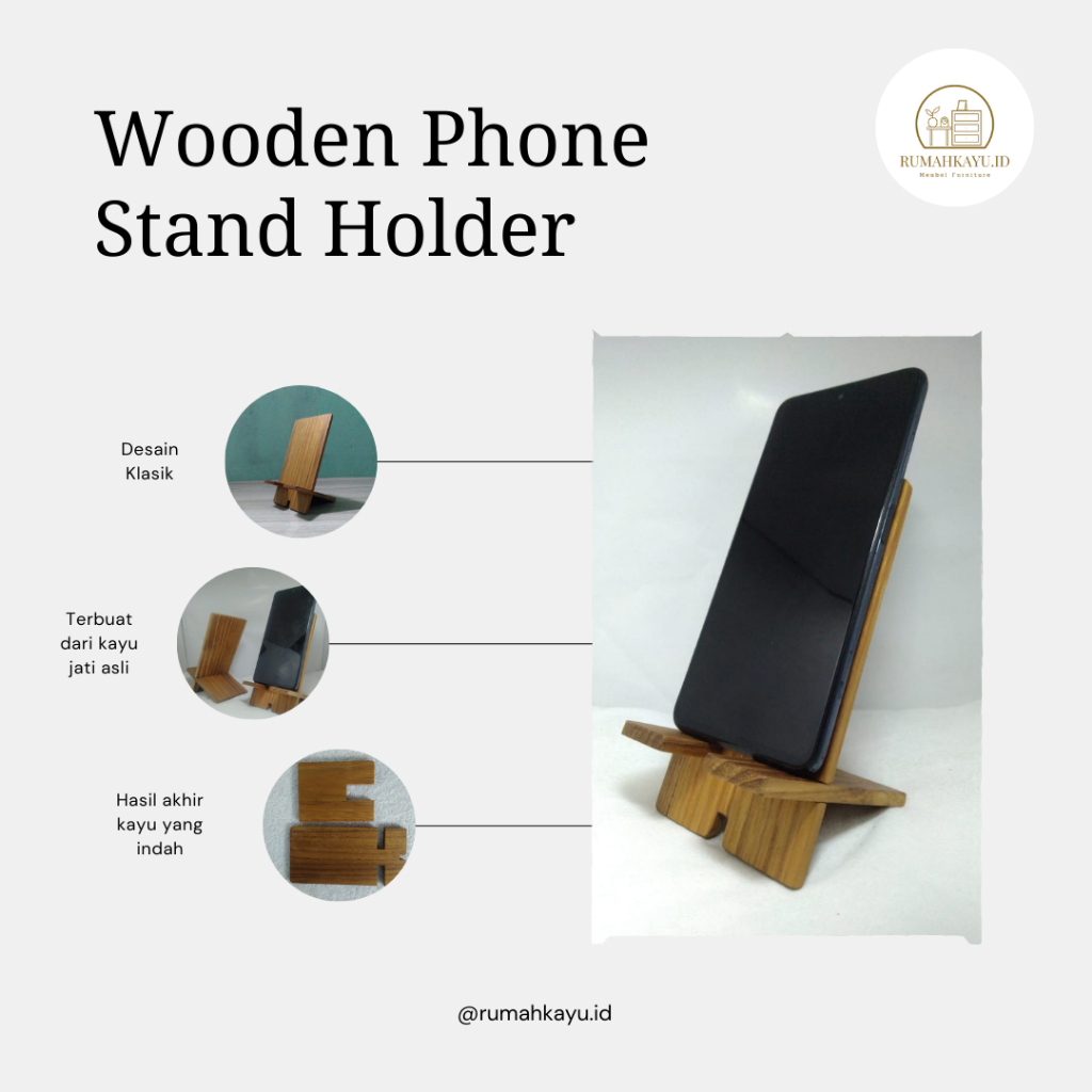 Rumah Kayu.id - Wooden Phone Stand Holder - Penyangga HP Kayu Jati Aesthetic - Furniture Jepara