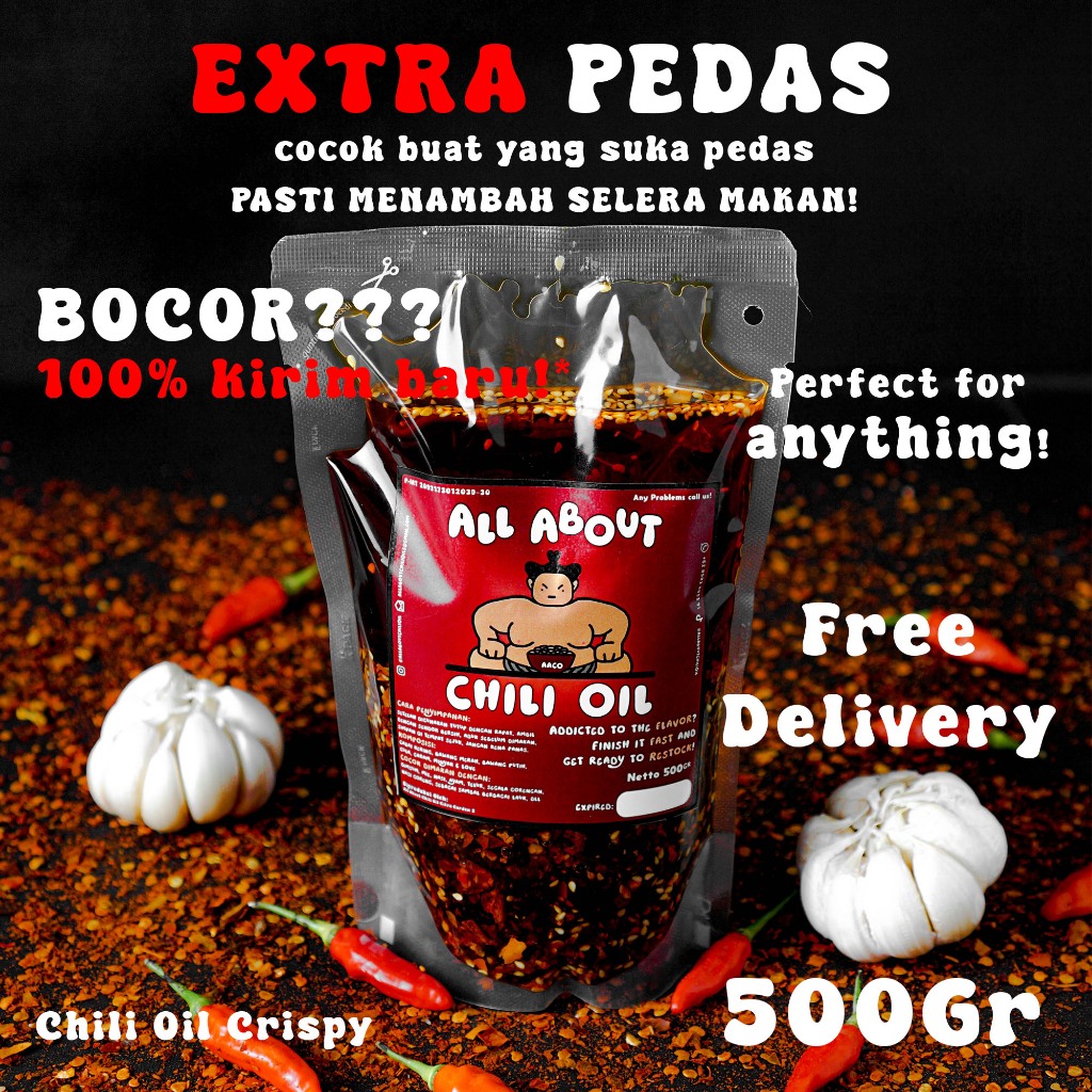 

AACO- Premium Garlic Chili Oil 500Gram | MINYAK CABAI TANPA PENGAWET | Extra Pedas dan Original Tidak Pedas