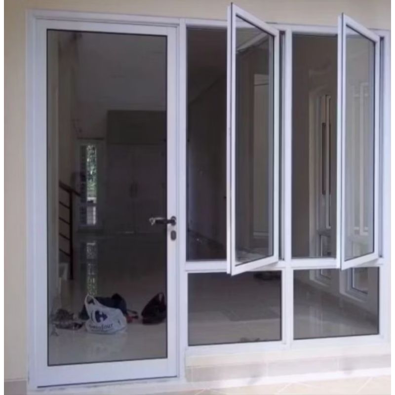 PINTU KACA ALUMUNIUM + KUSEN LENGKAP dengan DUA DAUN JENDELA ATAS BUKA, BAWAH KACA MATI, BISA COSTUM