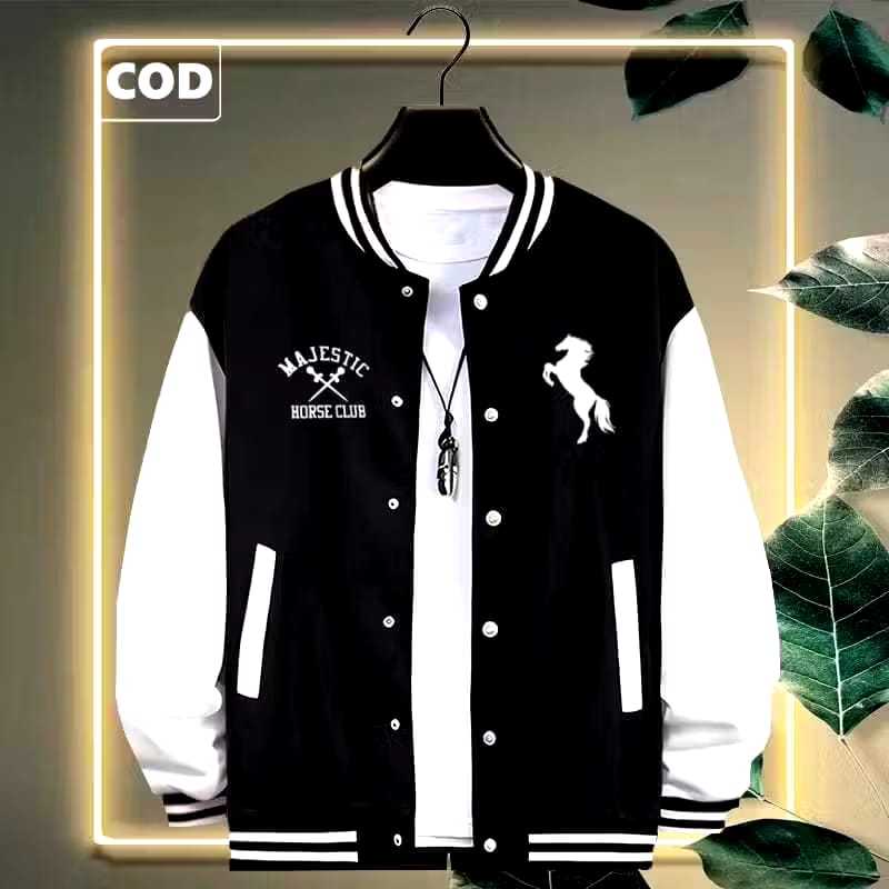 [ COD ] Jaket Baseball Varsity kancing MAJESTIC Text PUTIH  Jaket Varsity Kancing Premium Pria Wanit