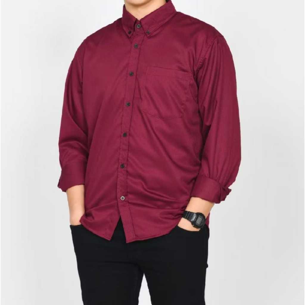 PROMO KEMEJA KERJA PRIA POLOS LENGAN PANJANG JUMBO SLIMFIT PREMIUM DISTRO ATASAN HEM COWOK HITAM