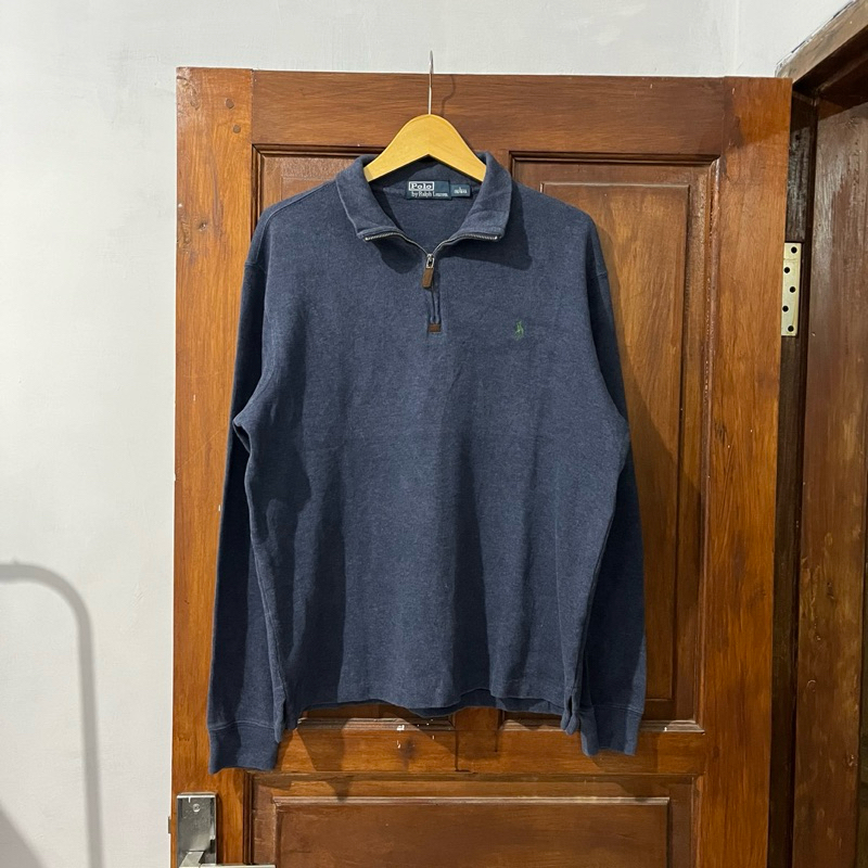 [L-XL] Polo Ralph Lauren Half-zip Sweater Blue Jeans I Vintage Vtg Retro Kemeja Garis-garis Salur Ou