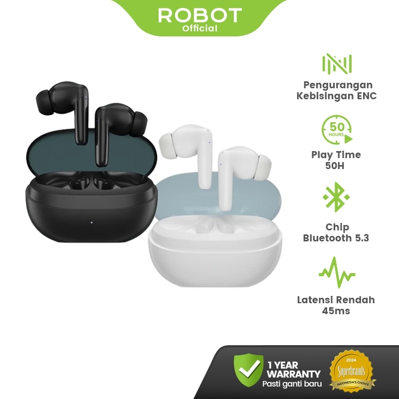 ROBOT TWS Earphone Bluetooth Wireless In-Ear ENC BT 5.3 Original 50 Jam Pemakaian Diafragma 10mm Sua
