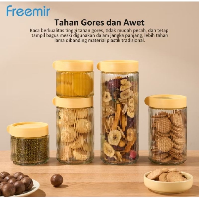 FREEMIR Glass Storage Jar set isi 5 pcs / Toples kaca Freemir