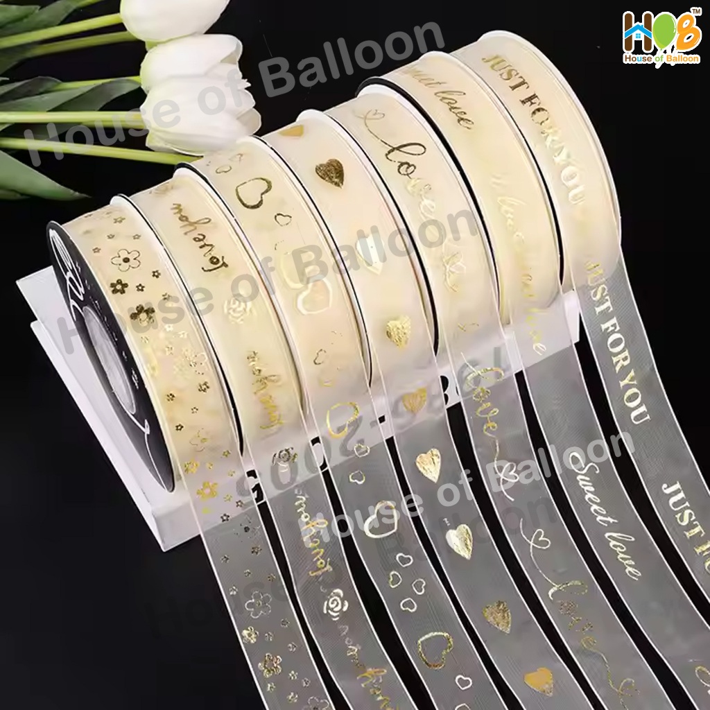 

[1 Meter] Pita Satin Chiffon Tulisan Emas Import - Gold Foil Print Ribbon - Pita Buket - Pita Gift