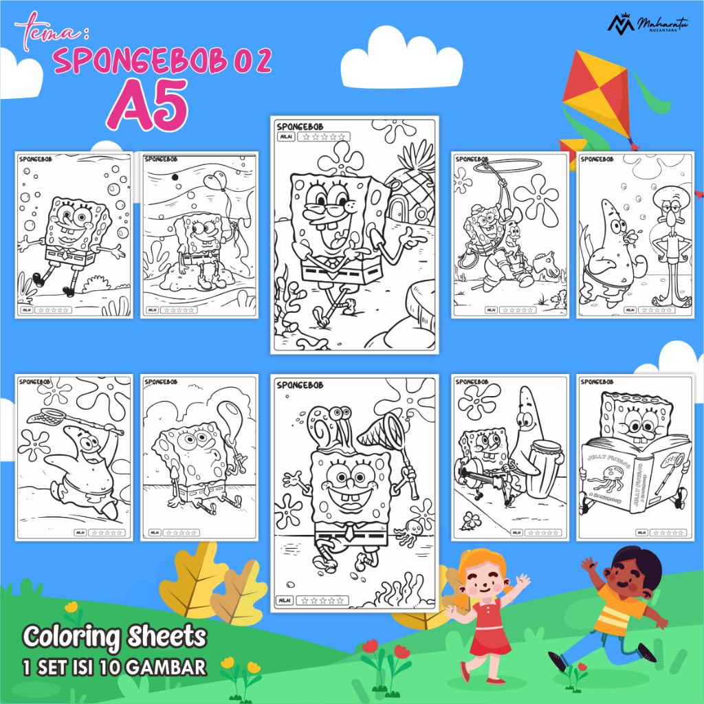 

[TEMA SPONGEBOB 02] LEMBAR BERWARNA ANAK- KERTAS BER GAMBAR 1 SET ISI 10 UKURAN A5 READY STOCK - COLORING SHEET