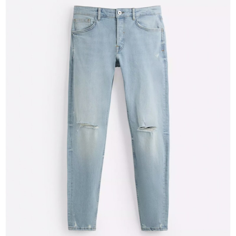 ZARA Men Ripped Skinny Fit Jeans Celana Panjang Denim Pria Light Blue
