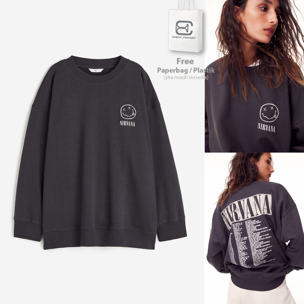 55HARGA SPESIAL Crewneck HM NIRVANA TOUR Smile Original BlackWash Hitam Buluk Sweater Washed Wanita 