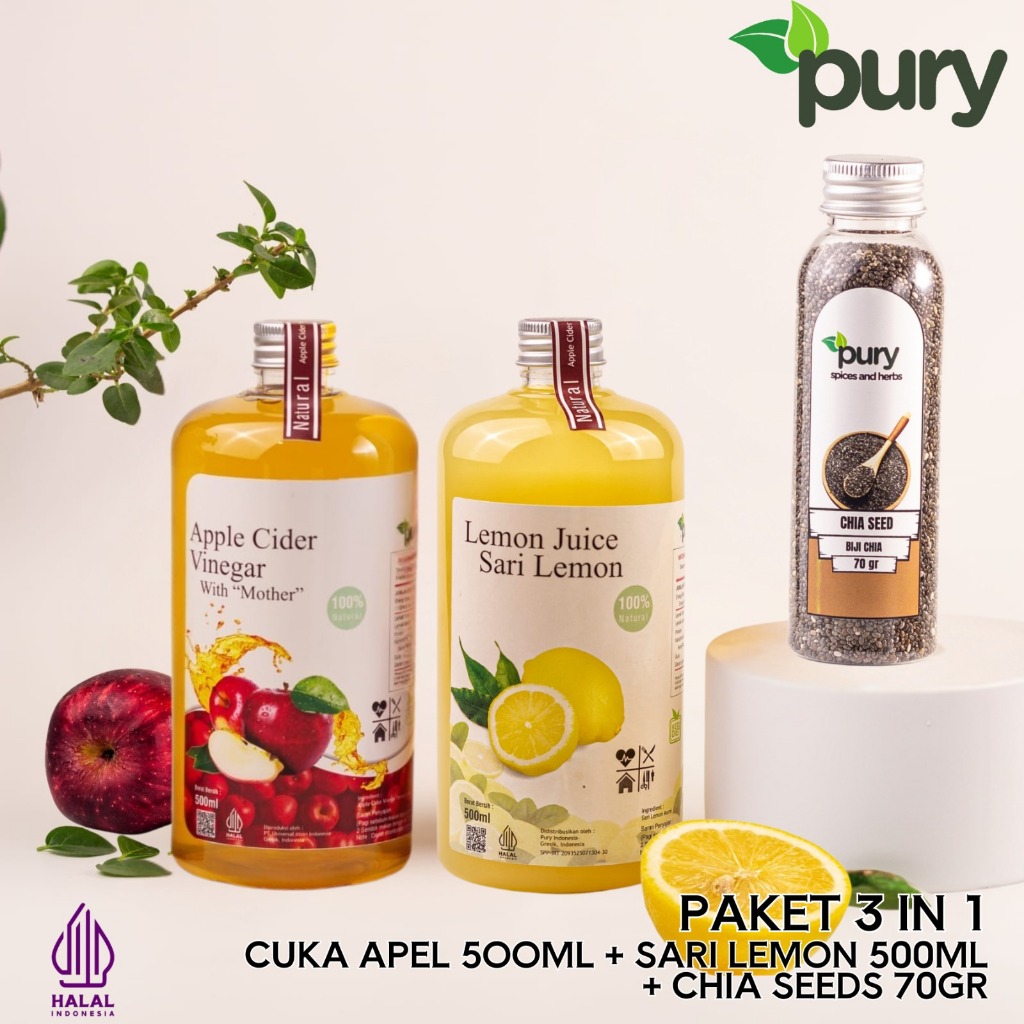 

PURY Paket 3 in 1 - Cuka Apel 500ml + Sari Lemon 500ml + Chia Seeds 70gr