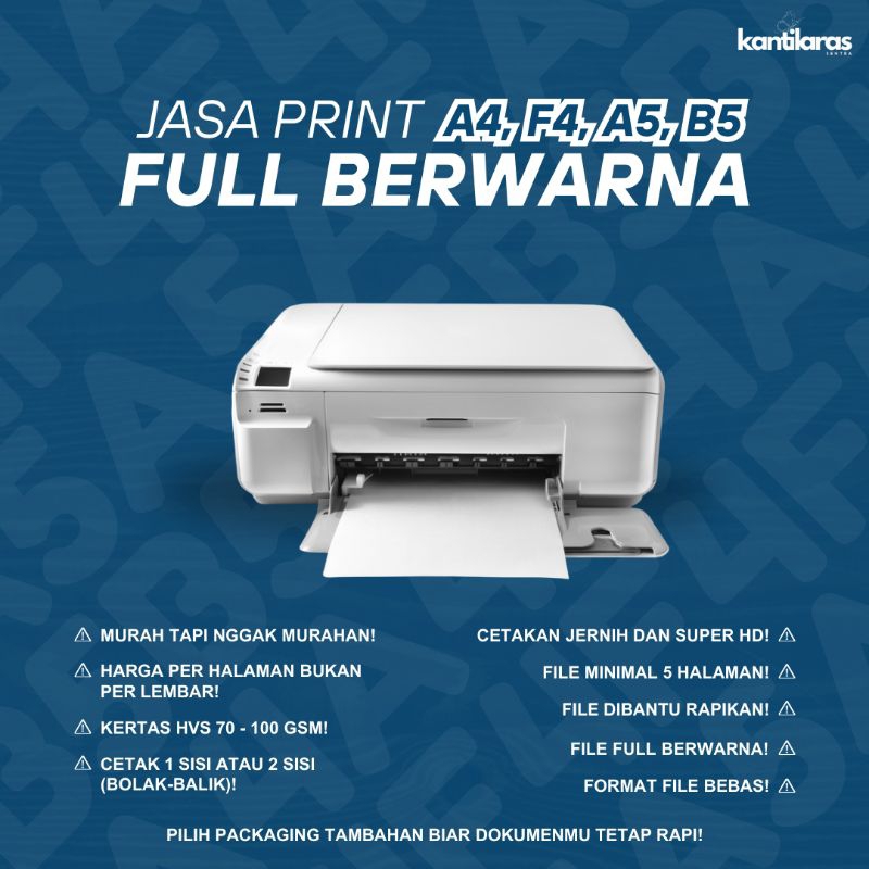

Jasa Print | Full Berwarna A4, F4, A5, B5 | Kertas HVS 70-100 Gsm | Murah Super HD