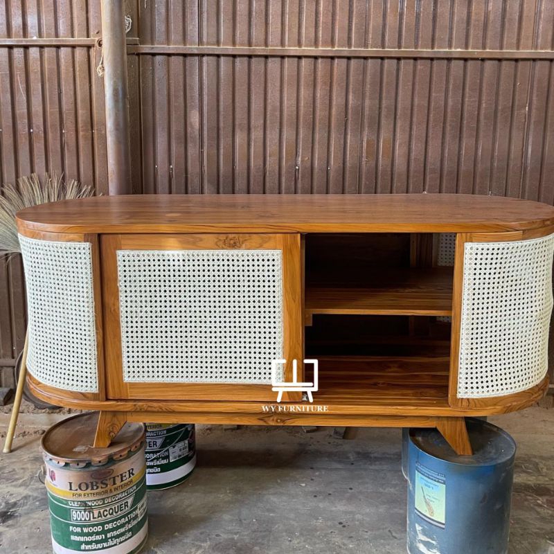 bufet minimalis kayu jati, bufet tv kayu jati kombinasi rotan, meja tv kayu jati