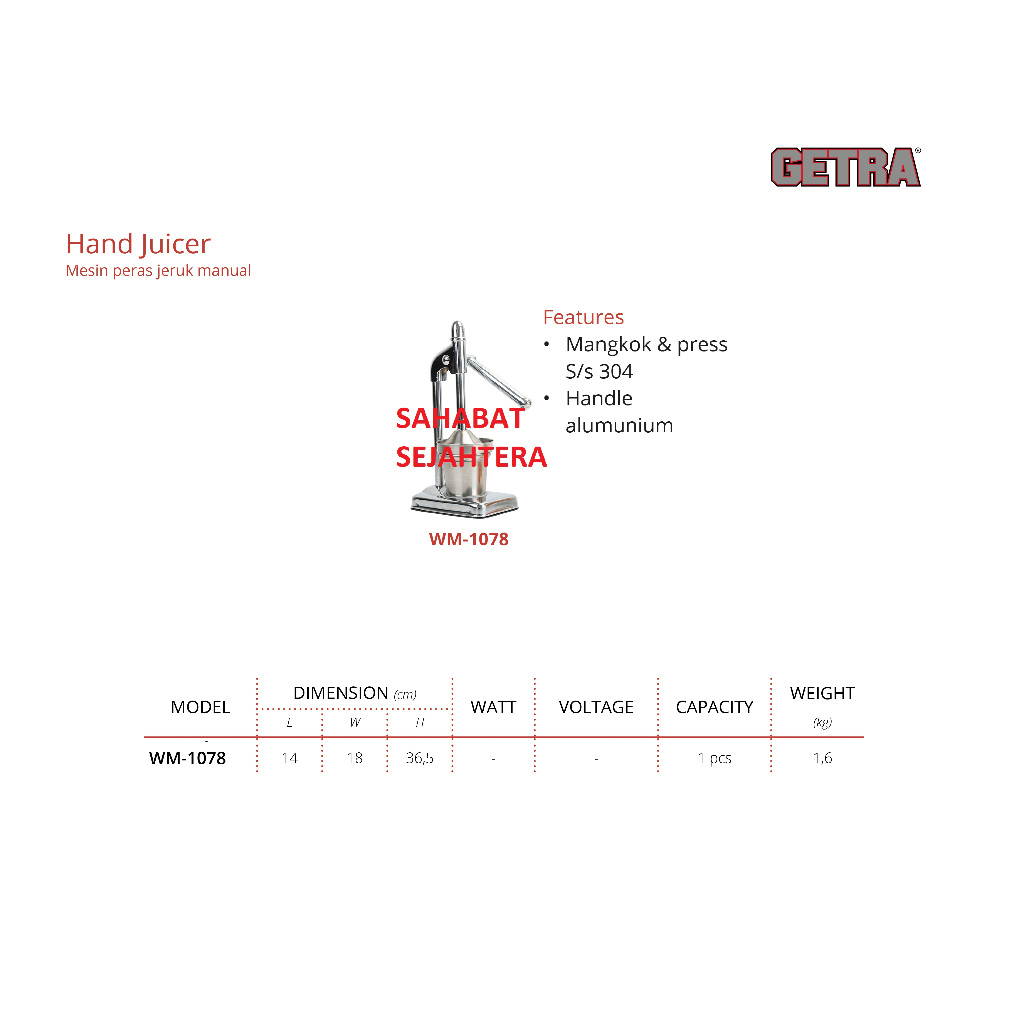 GETRA Hand Juicer WM-1078 Alat Pemeras Jeruk Manual Tanpa Listrik | Juicer Tangan Lemon Peras Buah