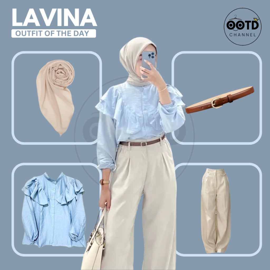 One Set Korean Style Celana 4in1 ( Blouse Ruffle, Oro Pants, Hijab, Belt Wanita) Outfit Kuliah OT86