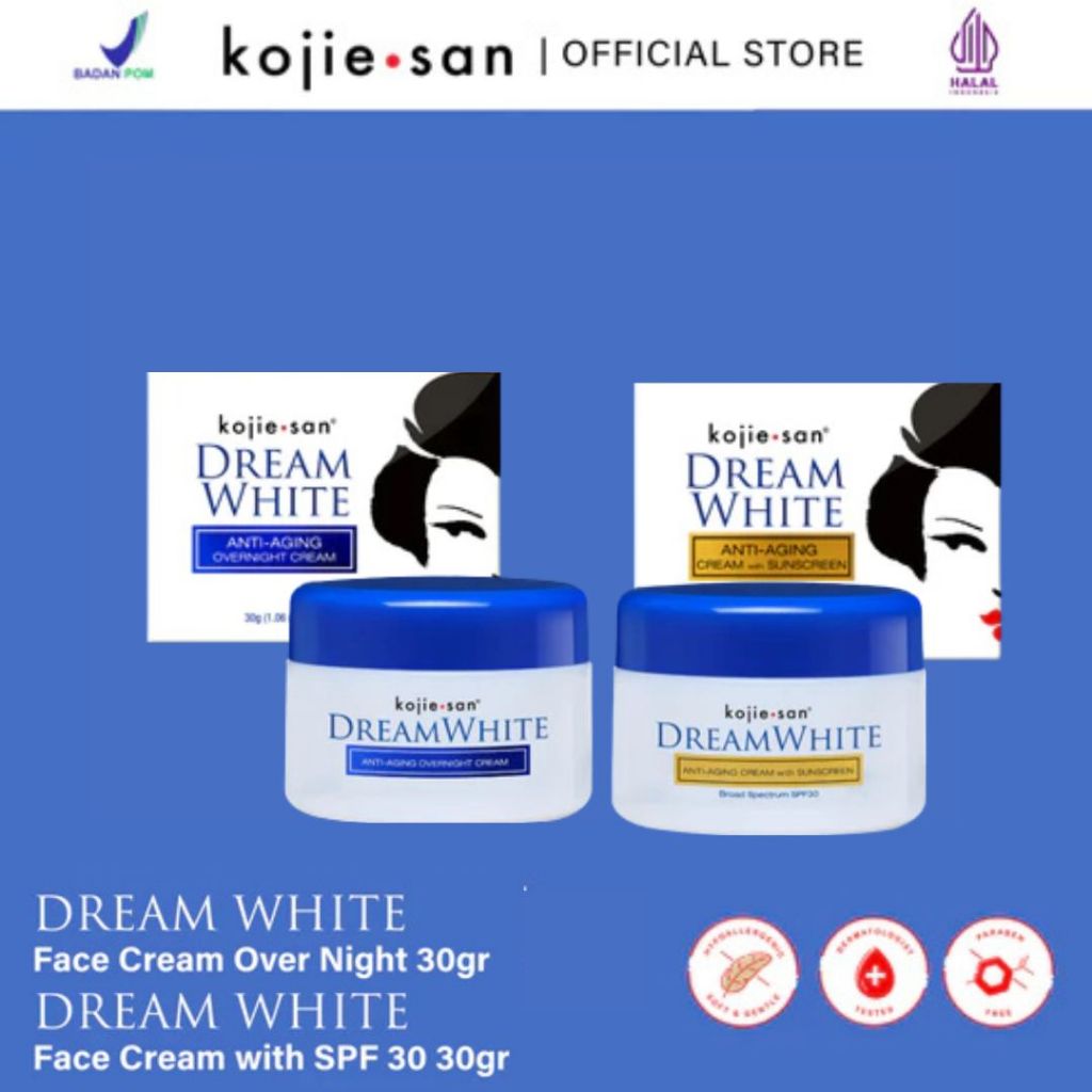 QEILA - Kojie San Dream White Anti Aging Over Night Cream 30 gr & Cream Sunscreen 30 gr