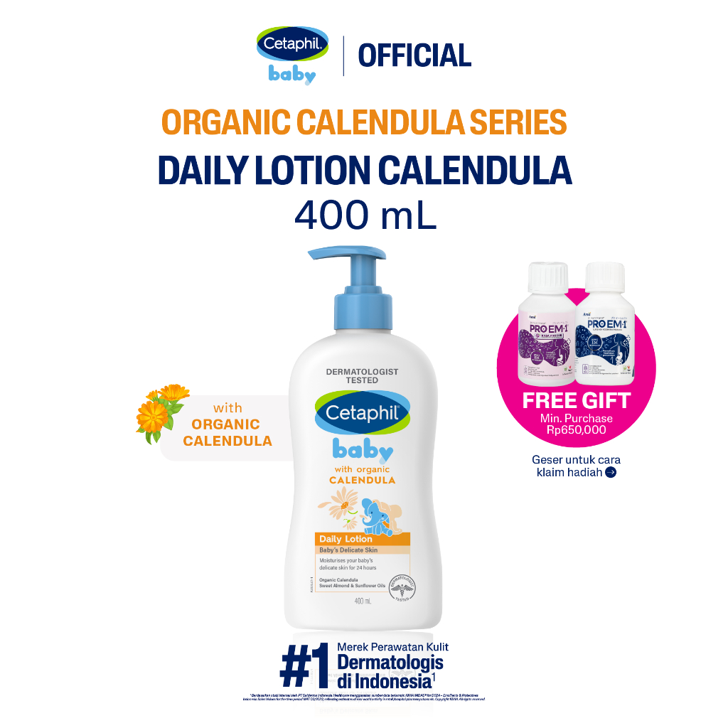 Cetaphil Baby with Organic Calendula Daily Lotion 400ml dengan Calendula, Glycerin, Sweet Almond Oil