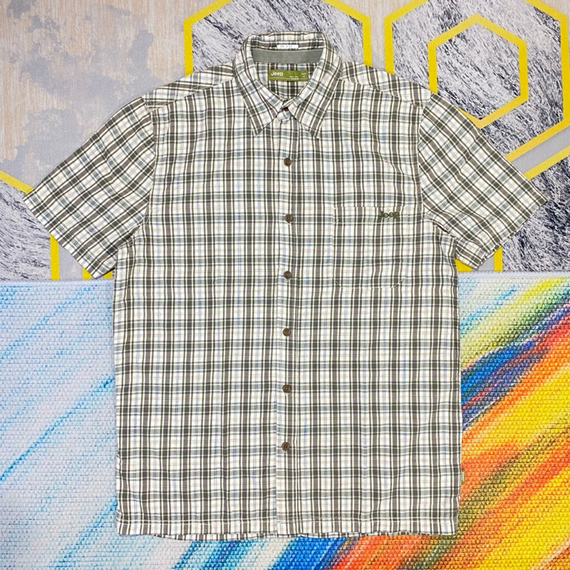 Kemeja Second Jeep Size Fit ke L Lengan Pendek Kotak-Kotak Hijau