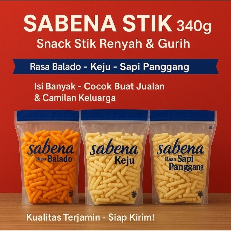 

SABENA STIK 340g | Snack Stik Renyah Aneka Rasa – Balado, Keju, Sapi Panggang