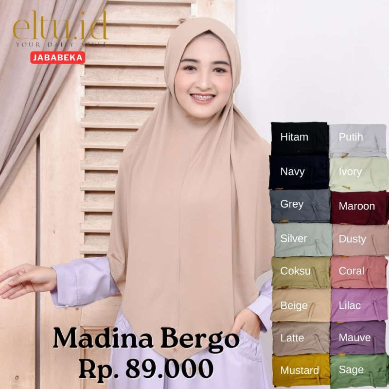 ELTU Madina Bergo - Kerudung Instan Hijab Jilbab Bergo Langsung Syar'i Tali Belakang Non Pat Bahan J
