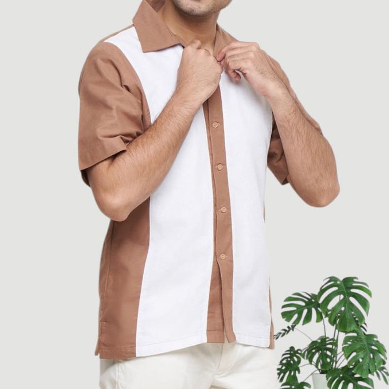 REINACLUB Kemeja Linen Pria Lengan pendek Kombinasi vintage - Bowling shirt