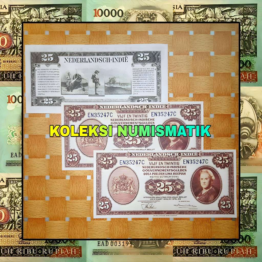 SOUVENIR REPRO UANG KERTAS KUNO HINDIA BELANDA 25 GULDEN NICA WILHELMINA 1943