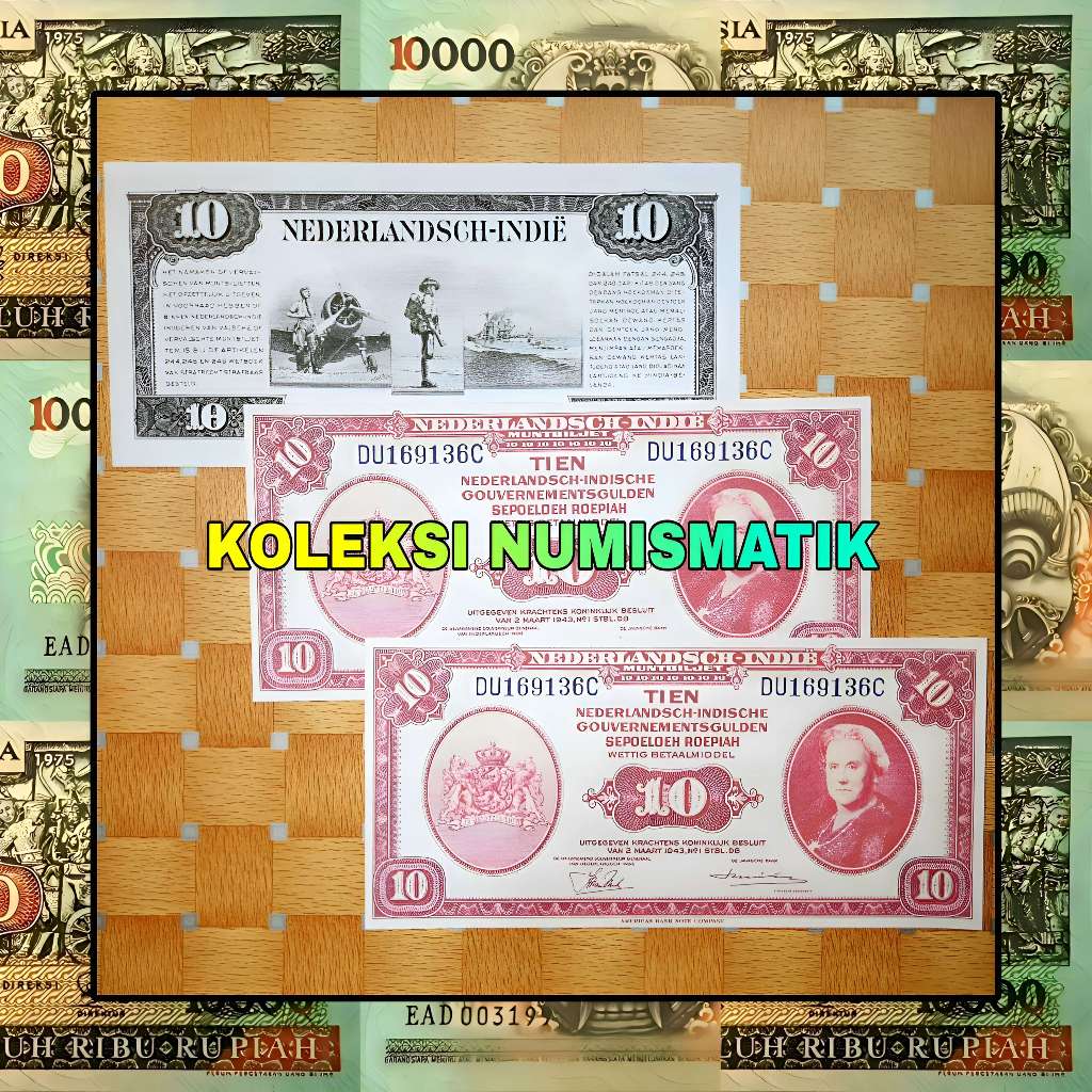 SOUVENIR REPRO UANG KERTAS KUNO HINDIA BELANDA 10 GULDEN NICA WILHELMINA 1943