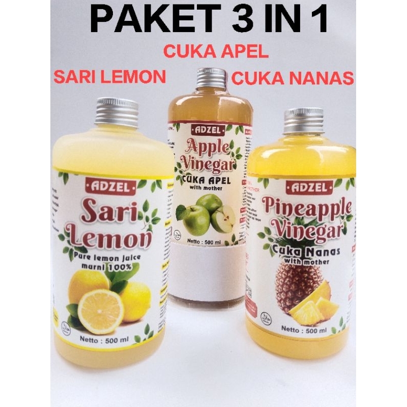 

PAKET 3 in 1 - cuka apel + cuka nanas + sari lemon 500ml - paket imunitas - diet sehat - paket detox - paket diet