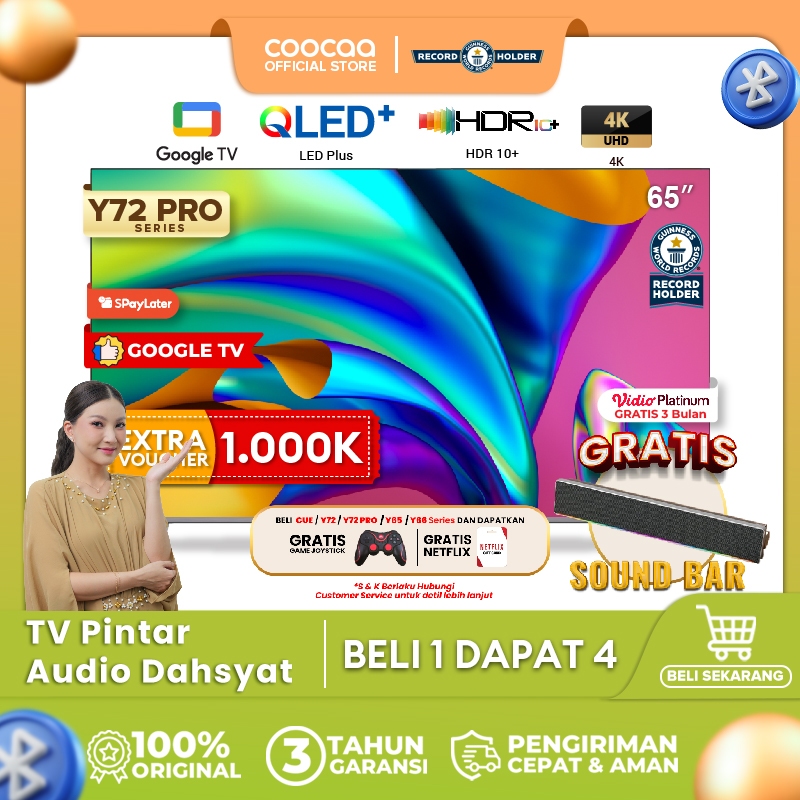 COOCAA TV 65 inch Y72 PRO - 4K QLED+ - Google TV -  Google Assistant - Dolby Audio Atmos - Low Blue 