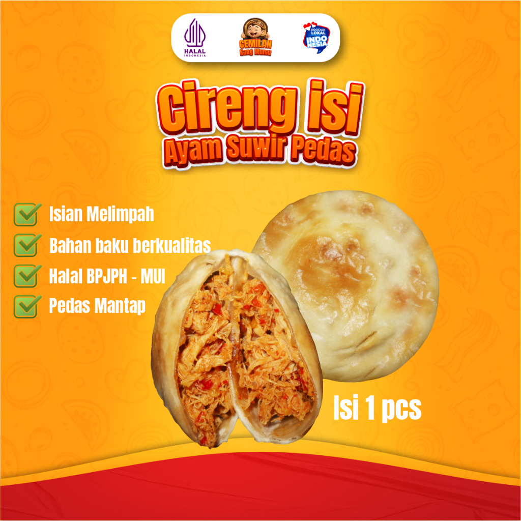 

CEMILAN KANG MUMU CIRENG ISI AYAM SUWIR PEDAS PESAN ECER SATUAN